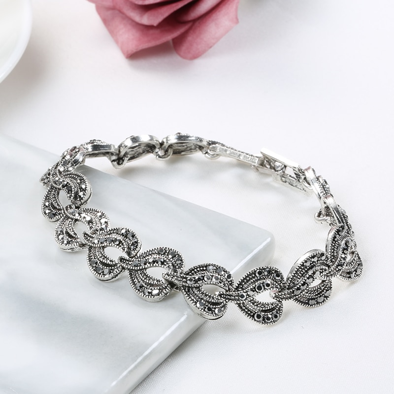 Kinel Boho Charme Helle Schwarz Kristall Armbinde Für Frauen Antike Tibetanische Silber Wenig Wasser Verknüpfung Armbänder Jahrgang-Schmuck