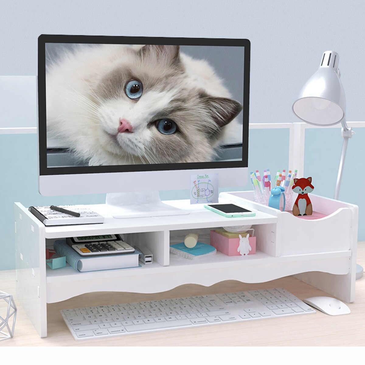 2-Tiers Wooden Computer Desktop Monitor Stand Shelf PC Monitor Riser For Notebook TV Screen Riser With Storage Organizer Shelf: White double