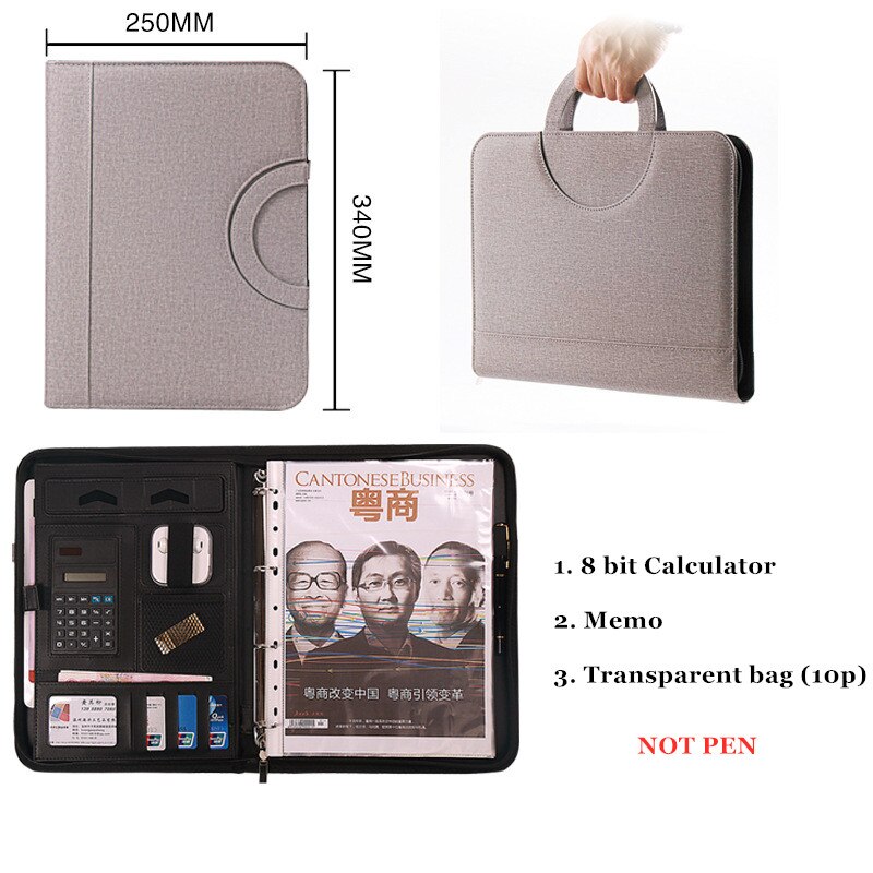 A4 Portable Zipper Phone Holder Business File Bag Real Estate Manager Document Bag Office Conference Calculator Folder Stationer: C Gray