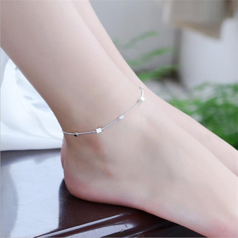 Top Meisjes Vierkante Enkelbanden Voor Vrouwen Sieraden Mode 925 Sterling Zilveren Armband Lady Accessoires Zilveren Bijou Lady