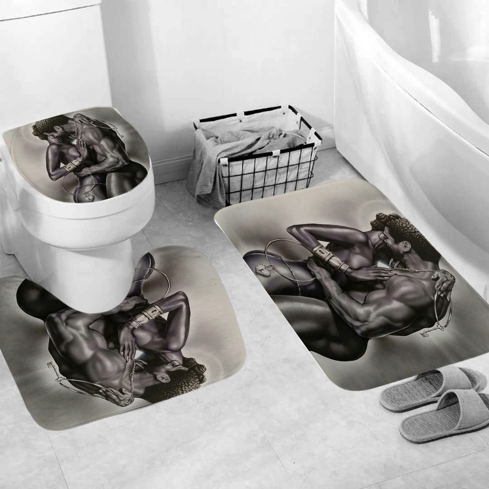 Afrikansk badeforhæng afro par krammer elsker badeværelsesgardiner sæt toiletbetræk måtte skridsikkert badetæppe tæppesæt: 3 stk