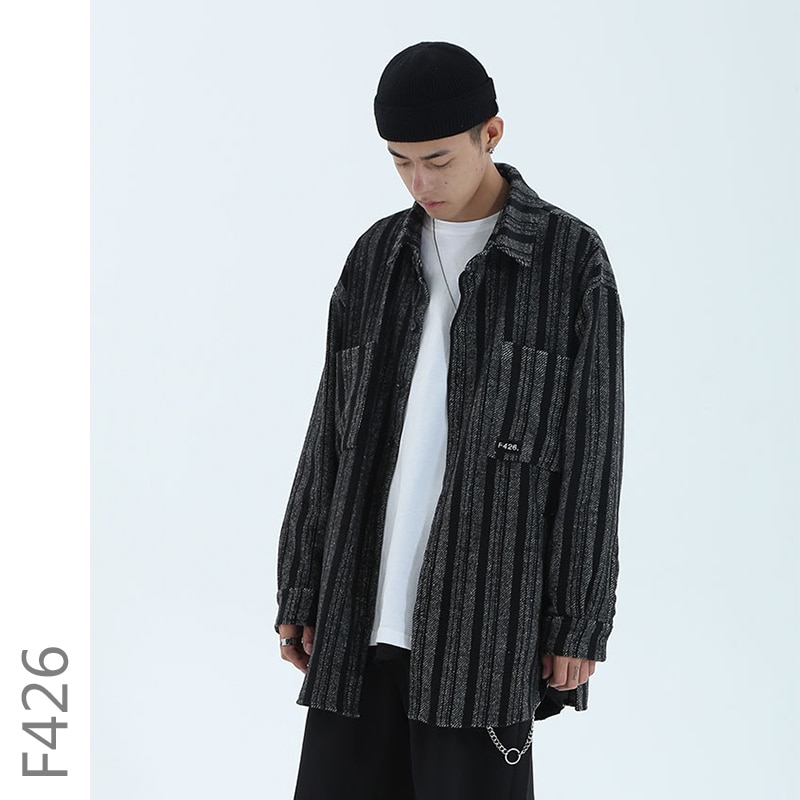F426 Oversize Stripe thick Shirts Men Long Sleeve Streetwear camisa masculina Men's Shirt Hip Hop Cotton Men Fashions