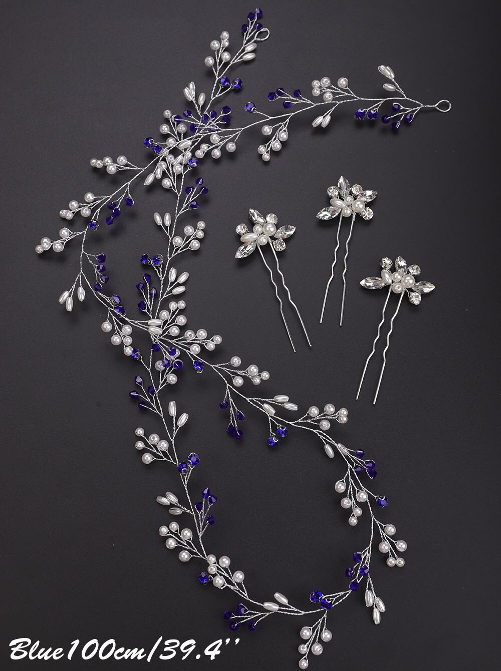 Enredadera para el cabello de perlas con diamantes de imitación para mujer, diadema nupcial larga, accesorios para el cabello para novia y dama de honor (100cm/39,3 pulgadas): Azul