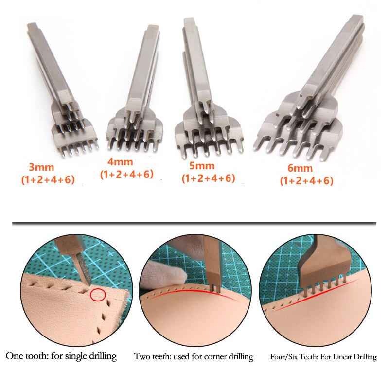 4 unidades/juego de punzones para agujeros de cuero, herramientas de Punch Craft, punzonado de acero cosido a mano, herramienta de costura de 3/4/5/6mm