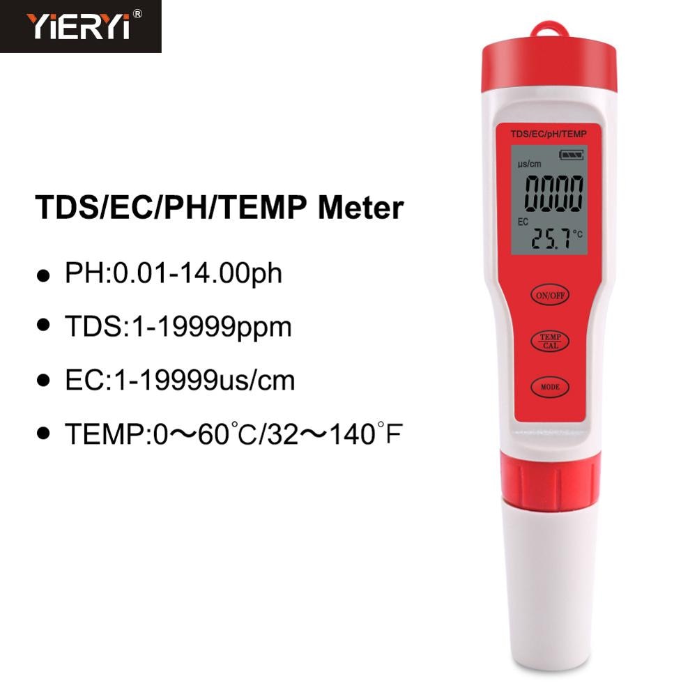 Yieryi 4 in 1 PH/TDS/EC/Temperature Meter PH Tester Digital Water Monitor Tester for Pools, Drinking Water, Aquariums
