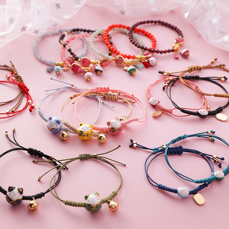 Doreen-pulsera de cuerda de gato de cerámica Kawaii para mujer, brazalete sencillo tejido a mano, cuentas de borla, joyería de de estilo japonés