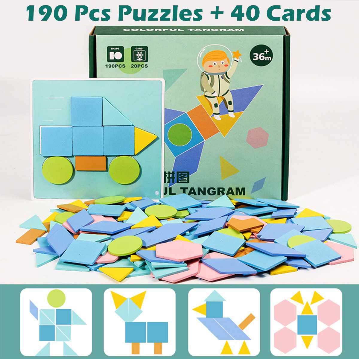 190 stuks puzzels  +18 panelen houten geometrisch bord puzzel tangram legpuzzel bord speelgoed baby vroeg educatief leerspeelgoed voor kinderen: Patroon 1