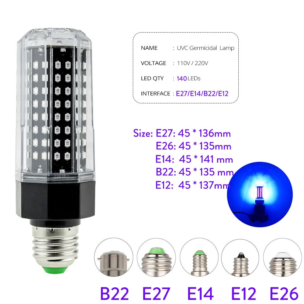 20W Uv Lampe Germicide UVC Stérilisateur Lumière Bullbs 275nm 140 Led E27 E14 B22 pour La Maison Four Frigo Désinfection