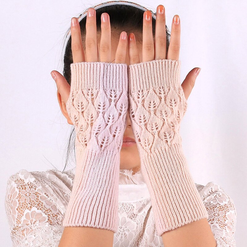 Winter Warm Fingerless Knitted Gloves For Women Acrylic Stretch Half Finger Arm Glove Crochet Knitting Faux Girls Mitten Gloves: Beige