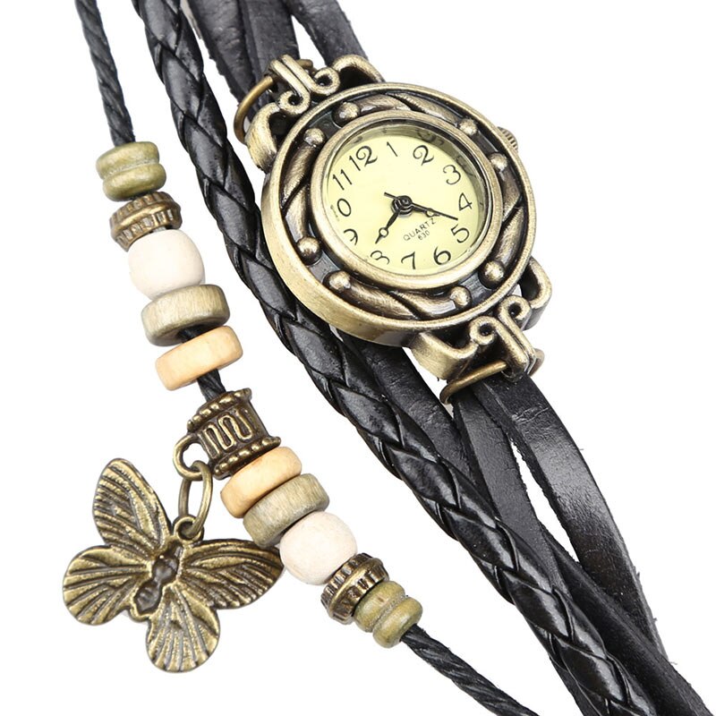 Kvinder retro armbånd armbåndsur weave wrap imiteret læder butterfly perler vedhæng kæde eig 88