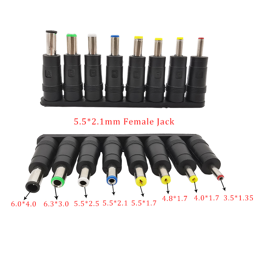 8 stk/sett dc strømforsyning universell bærbar mobillader konverteringshode 5.5 x2.1mm 8 i 1 dc strømplugg jack-tupp kontaktsett