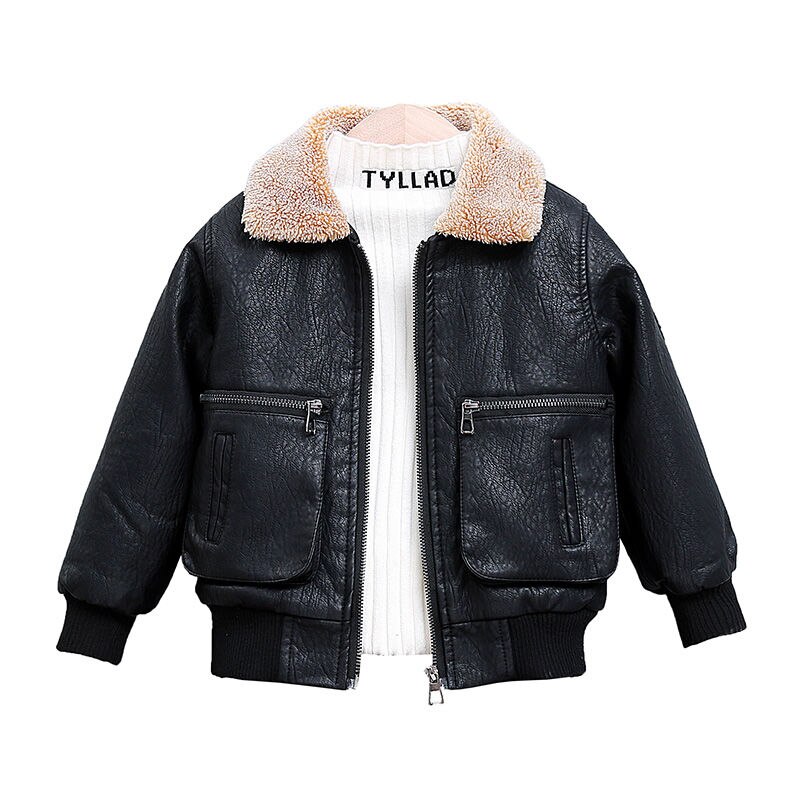 INS Baby boys' cotton-padded jacket 0-11 years children's thick pu jacket Plush thick leather jacket kids winter jacket: 130