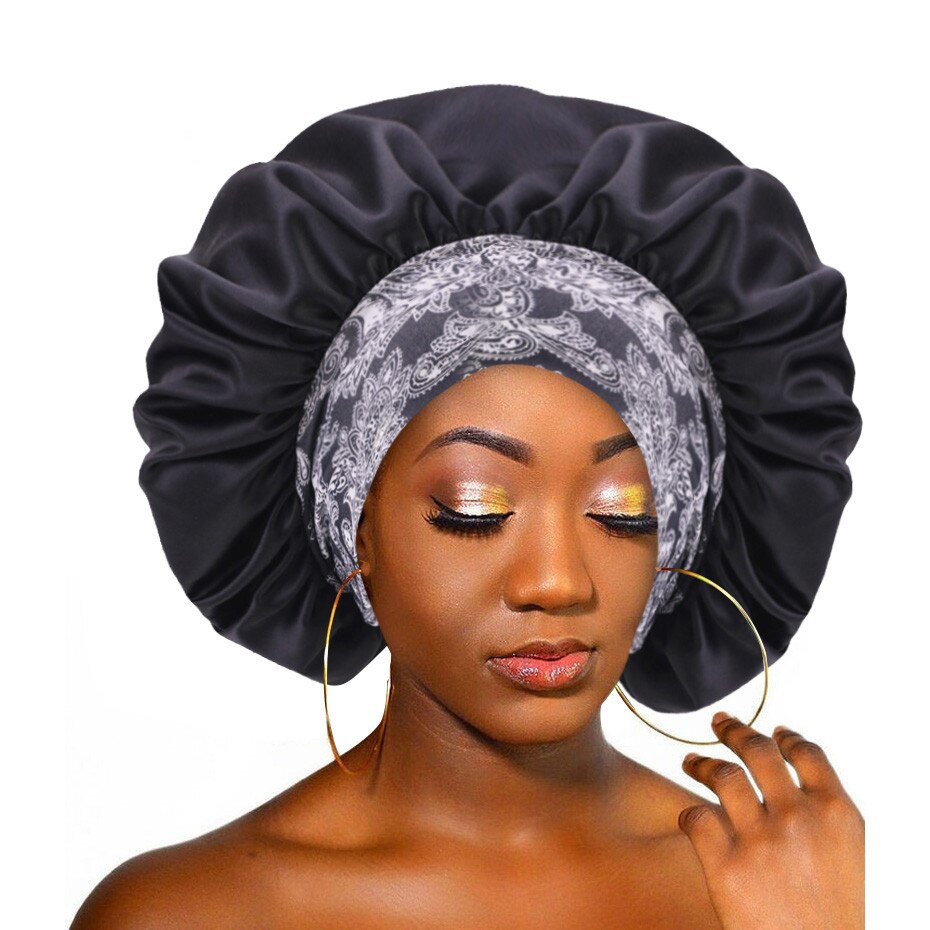 Reversible Satin Bonnet Double Layer Adjustable Size Sleep Night Cap Head Cover Bonnet Hat For For Curly Springy Hair Black