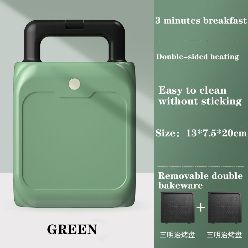 200V Electric Sandwich Maker Breakfast Machine Removable Waffles Egg Multifunction Breakfast Maker Toaster Making Tool Household: Green