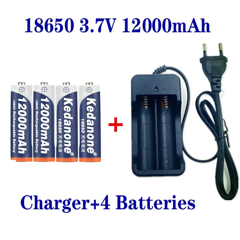 18650 Battery Rechargeable Battery 3.7V 18650 12000mAh Capacity Li-ion Rechargeable Battery For Flashlight Torch Battery+Charger: 4pcsCharger