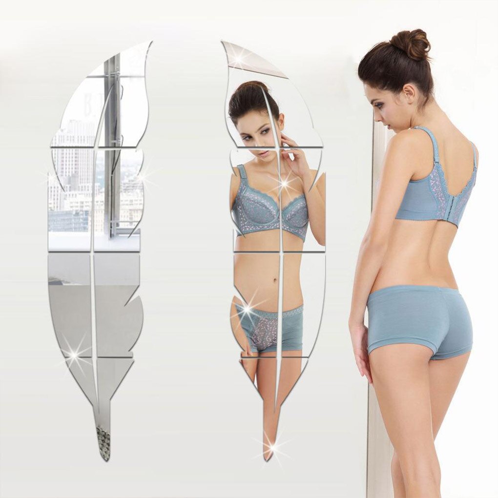 Muursticker spiegel plakkend 3d acryl waterdichte veren muursticker voor thuis slaapkamer muurdecoratie