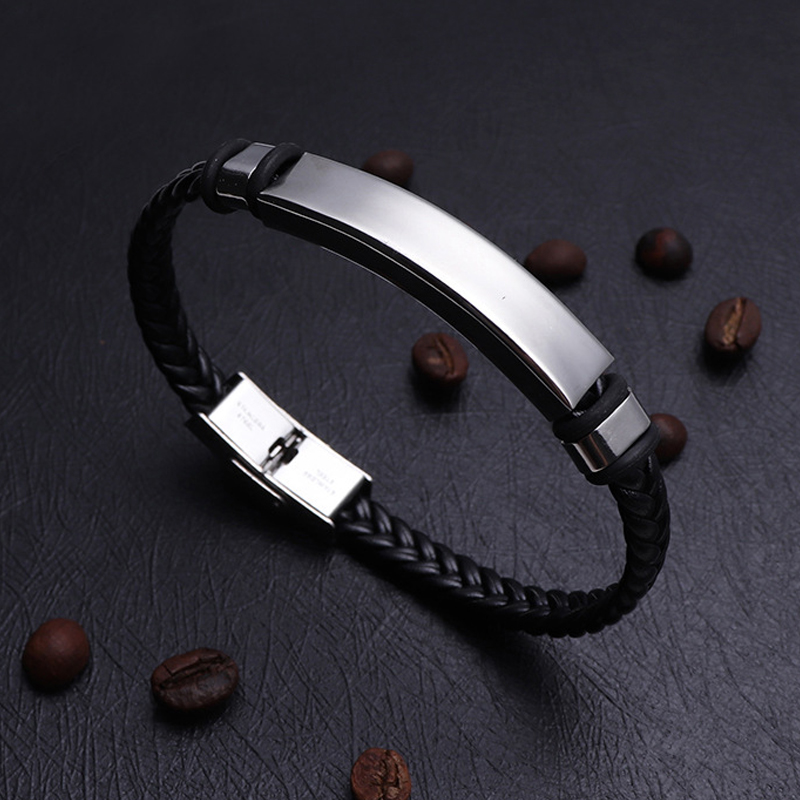 Punk Men Jewelry Black Braided Leather Bracelet Black/Silver Color Stainless Steel Charm Buckle Bangles Women