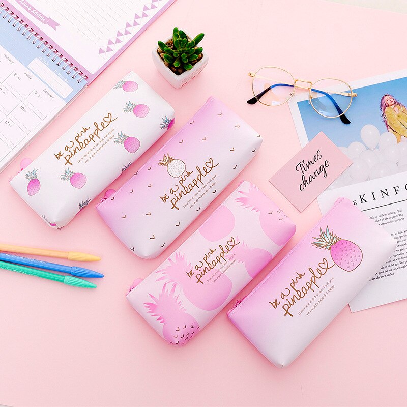 Cute pineapple pencil case cute pencil school case box pencil bag storage multifunctional big bag kit girl pen stationery