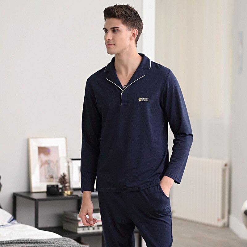 Super doux hommes modal nuit-costume couleur unie revers vêtements de nuit homme armée vert automne pyjama ensemble tout coton bleu confortable homecloth: Bleu / XXL