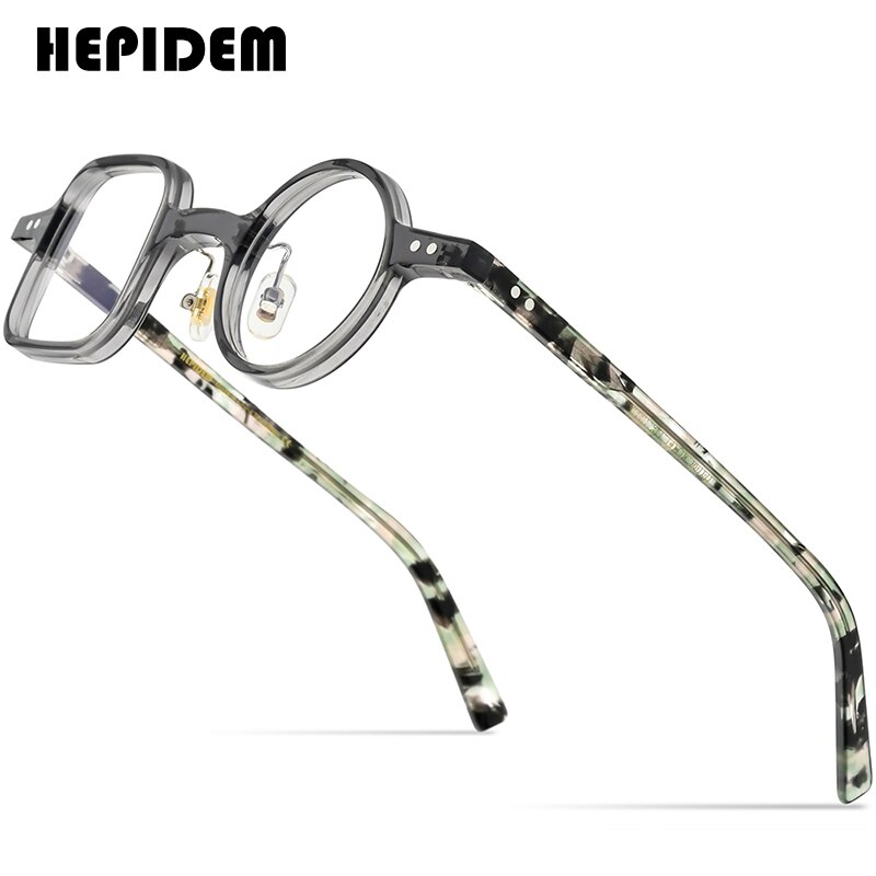 HEPIDEM Acetate Glasses Frame Men Retro Vintage Left Square Right Round Eyeglasses Myopia Optical Spectacles Eyewear 9155: Gray