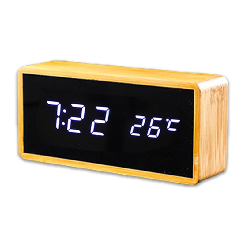 Electronic Digital Temperature Time Dual Display Desktop Alarm Clock LED Wooden