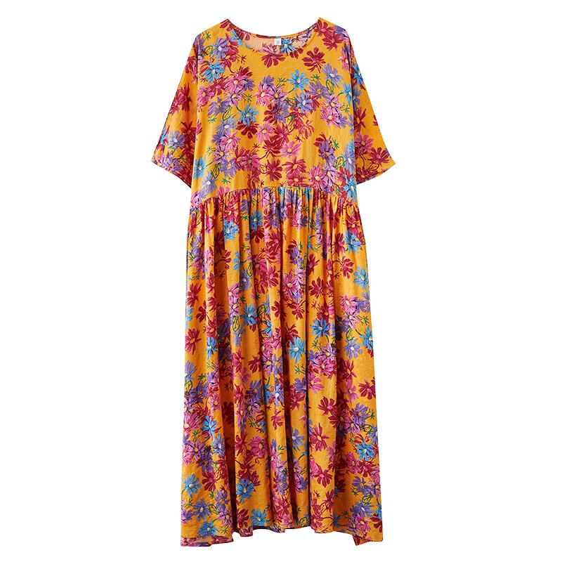 DIMANAF Summer Plus Size Women Dress Print Floral Female Vestidos Sundress Beach Style Loose Pleated Lady Long Dress 5XL