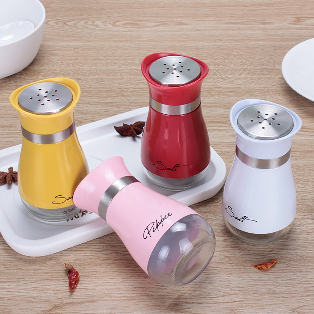 MOONBIFFY Cute Salt and Pepper Stainless Steel Glass Bottom Spice Dispenser Sea Salt Sugar Refillable Pepper Seasoning Cans