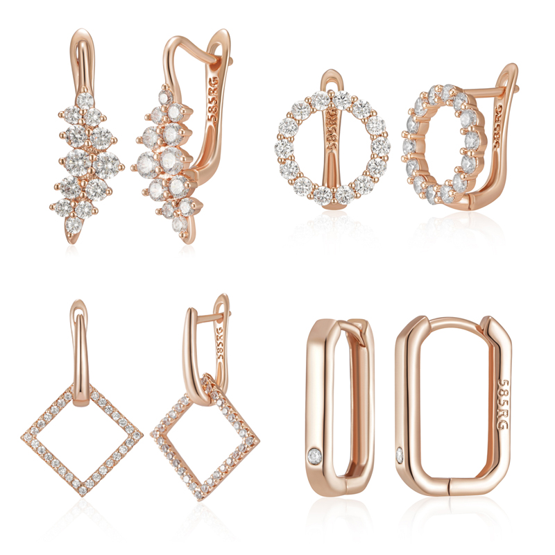 Kienl glanzende natuurlijke zirkoon engelse oorbellen voor dames, eenvoudige 585 oorbellen in roségoudkleur, fijne sieraden voor dagelijks gebruik, kristal