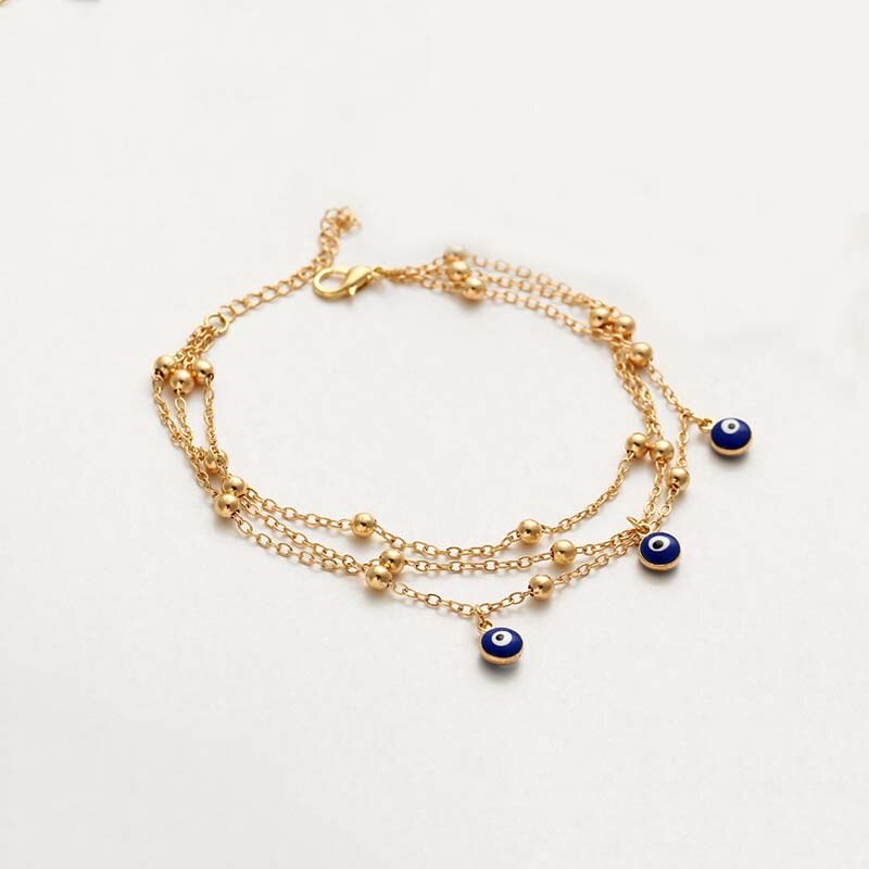 Tobillera Bohemia con colgante de ojo malvado azul, cadena para pierna, Accesorios de playa Retro de verano, joyería de múltiples capas para pies, cadenas de cuentas