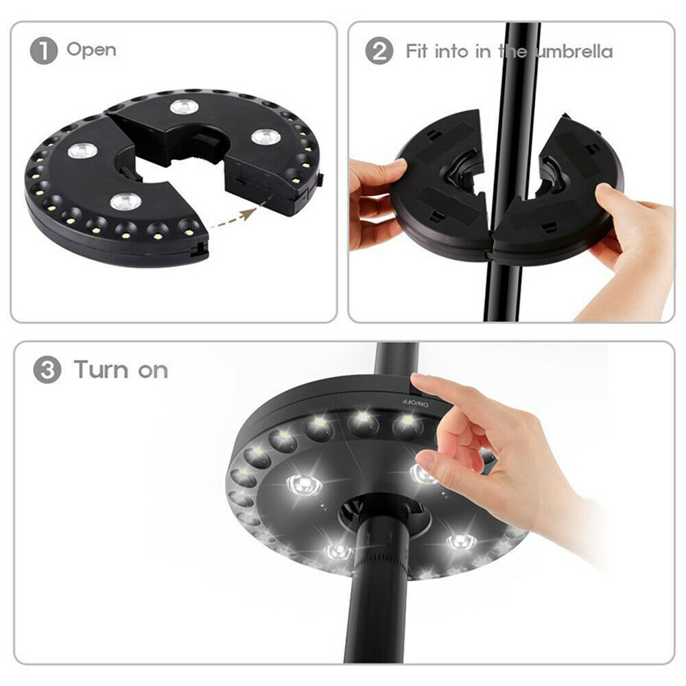 Paraguas de Patio de 24 + 4LED, luces para sombrillas, brillo fácil de desmontar, lámparas redondas de Camping, iluminación exterior