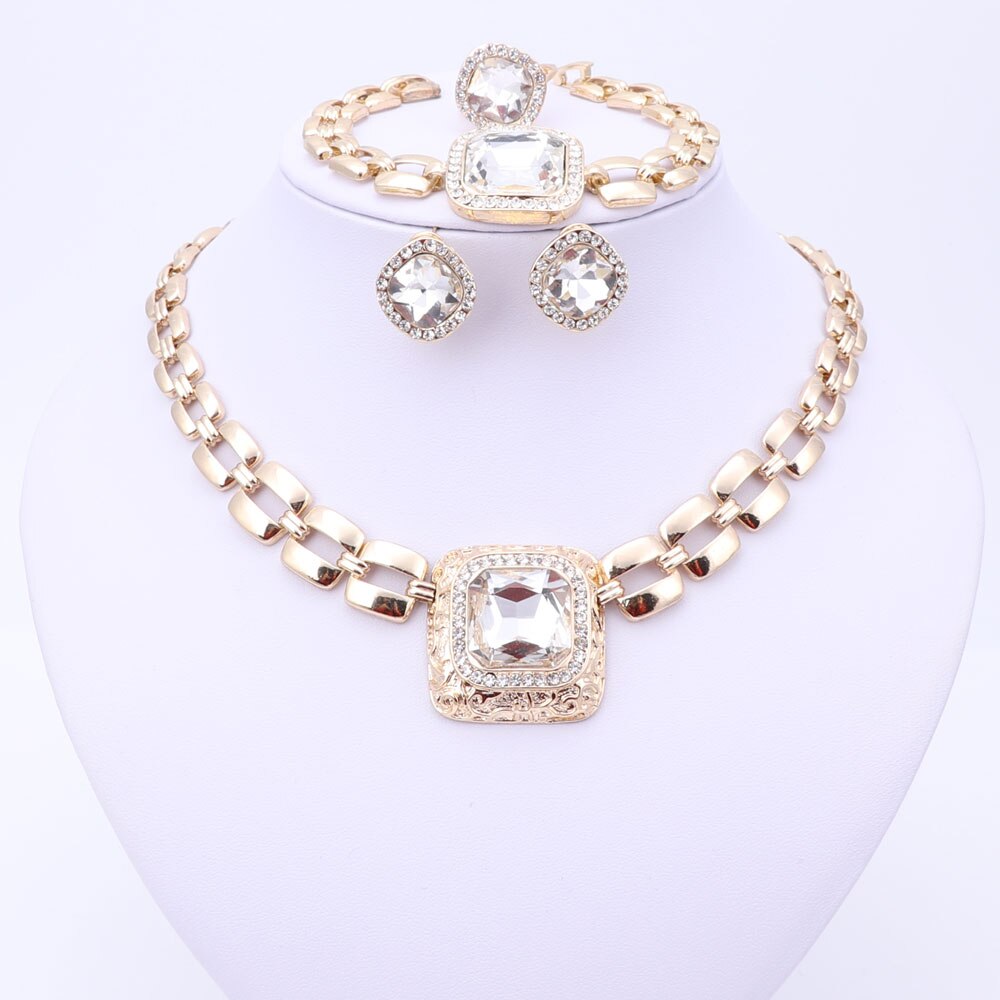 Afrikaanse Kralen Sieraden Sets Voor Vrouwen Jurk Accessoires Goud Kleur Crystal Wedding Bridal Ketting Oorbellen Armband Ring Sets