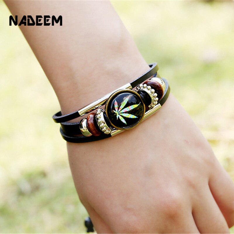 NADEEM-pulsera de cuero con de hoja de arce para hombre y mujer, brazalete ajustable de cuero trenzado, hecho a mano