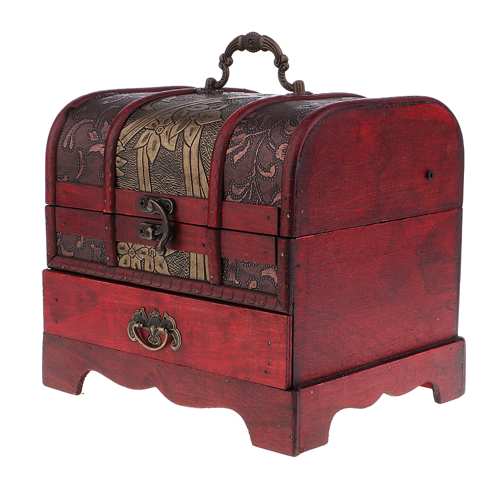 Handmade Wooden Jewelry Box - 22x16cm - Vintage Asian Style - Ring Necklace Organizer Case with Lock