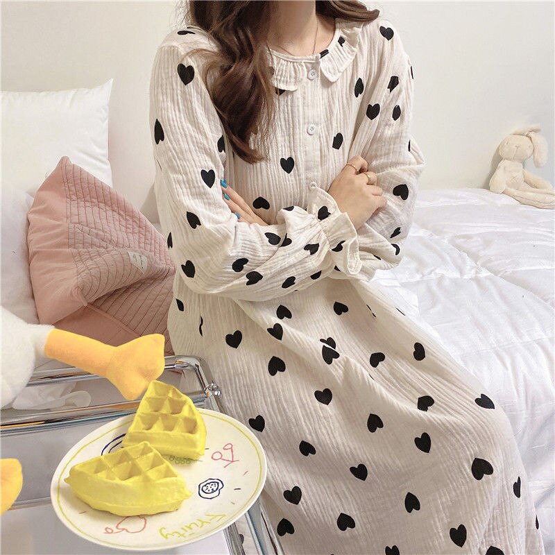 Hart Gedrukt Nachthemden Vrouwen Losse Gezellige Ruches Zoete Lange Mouw Trendy Mooie Tieners Vrouwtjes Sleepshirts Ins Lounge Chic