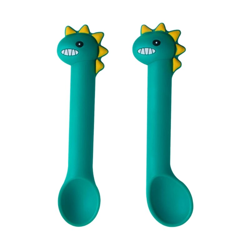 2 uds. De cuchara de alimentación de bebé, sin BPA, utensilios de silicona con bonitos dibujos animados de dinosaurios, vajilla de entrenamiento de aprendizaje infantil: MULTI