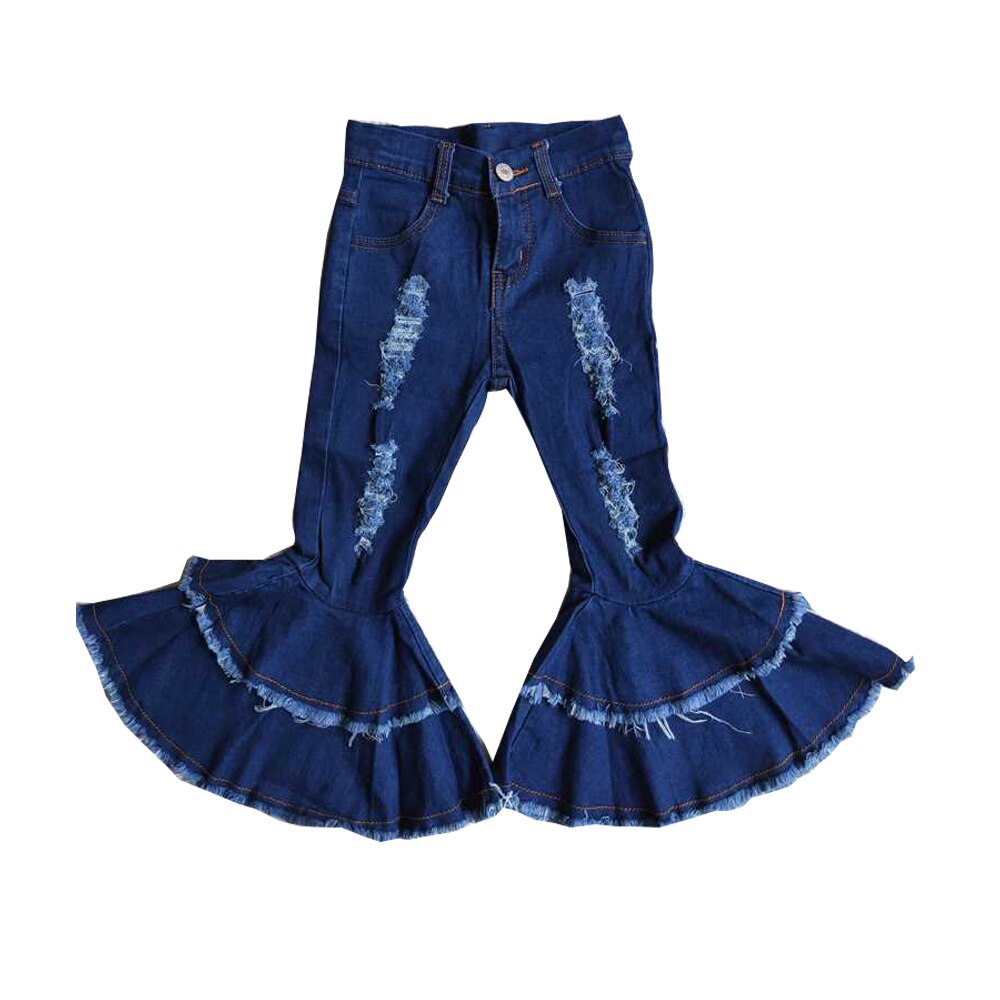 kids style jeans girl Double-layer jeans little girls Ripped jeans bellpants with ruffles