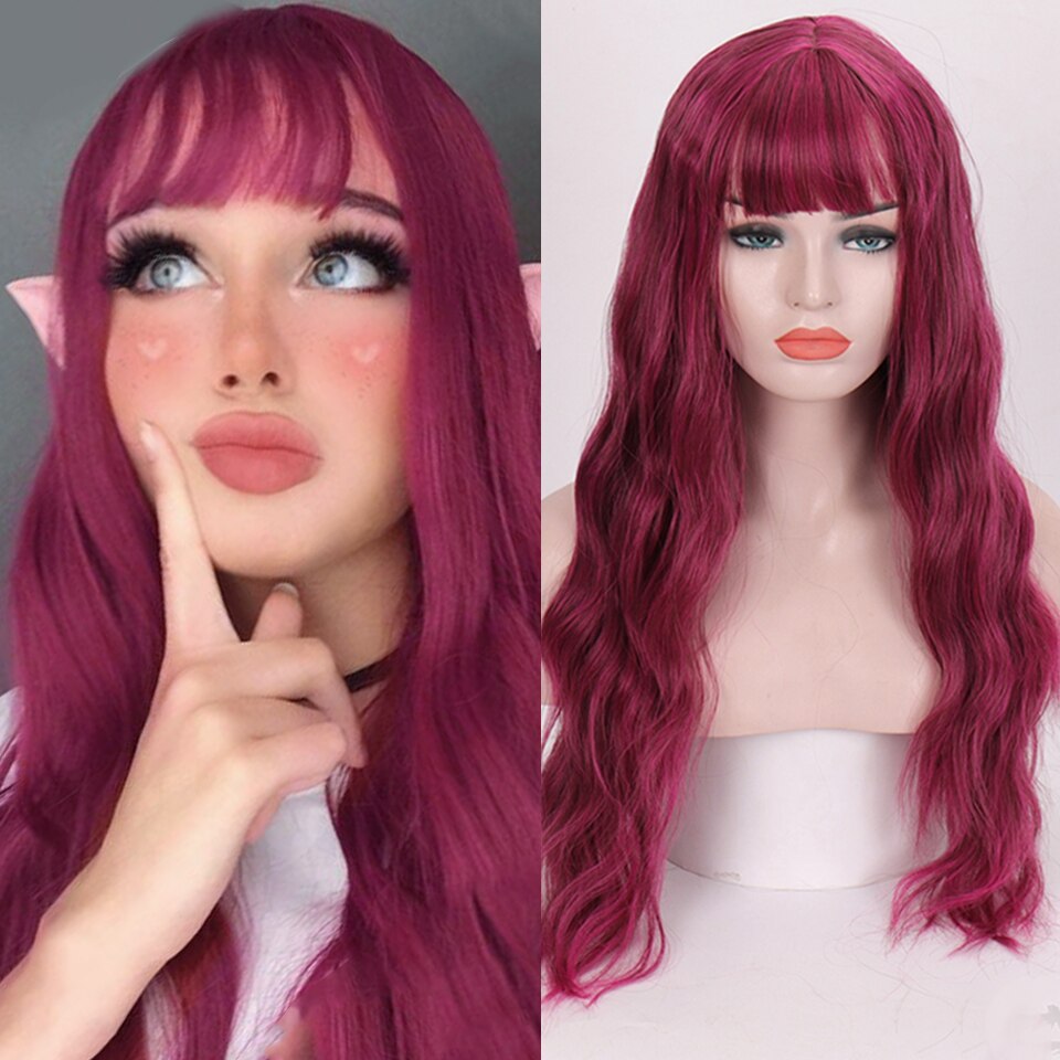 HOUYAN 22 Inch Long Wavy Wig with Bang Red Hair Cosplay Wig Heat Resistant Synthetic Hair Wigs: 1B/27HL