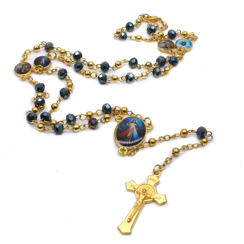 5 stili moda cattolica vergine maria gesù piccola dimensione rotonda perla accessori gioielli catena croce pendente rosario perline collana: Style 3-black