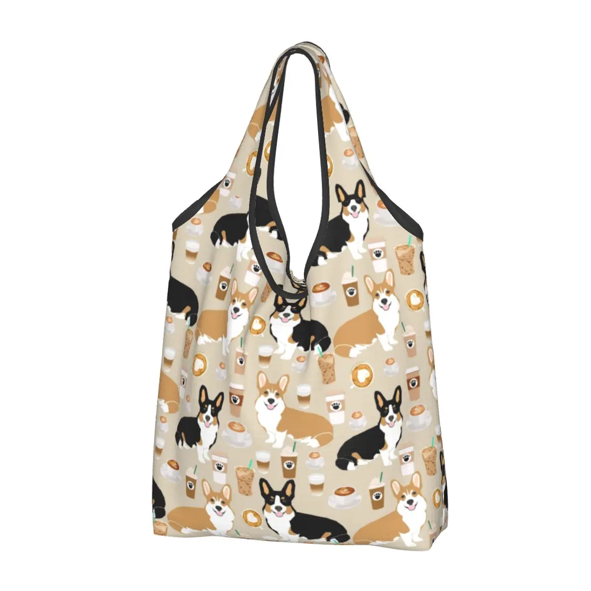 Recycling Coffee Welsh Corgis Dog Shopping Bag Women Tote Bag Portable Grocery Shopper Bags: Beige