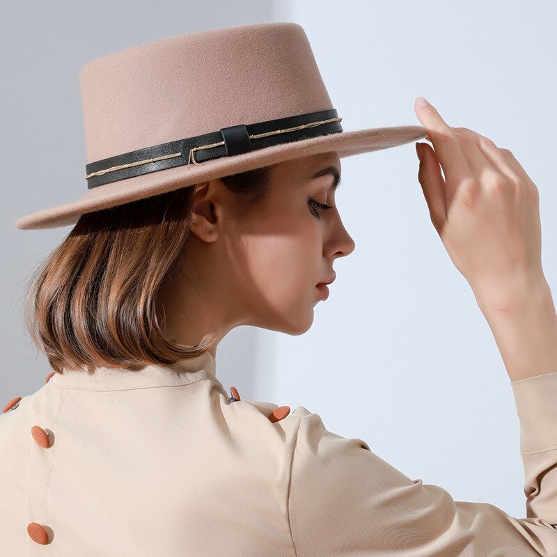 Casquette avec chaîne en feutre de laine pour femmes, chapeau marron à bord plat, casquette en forme de dôme, à la , chapeau Fedora pour église, X4069