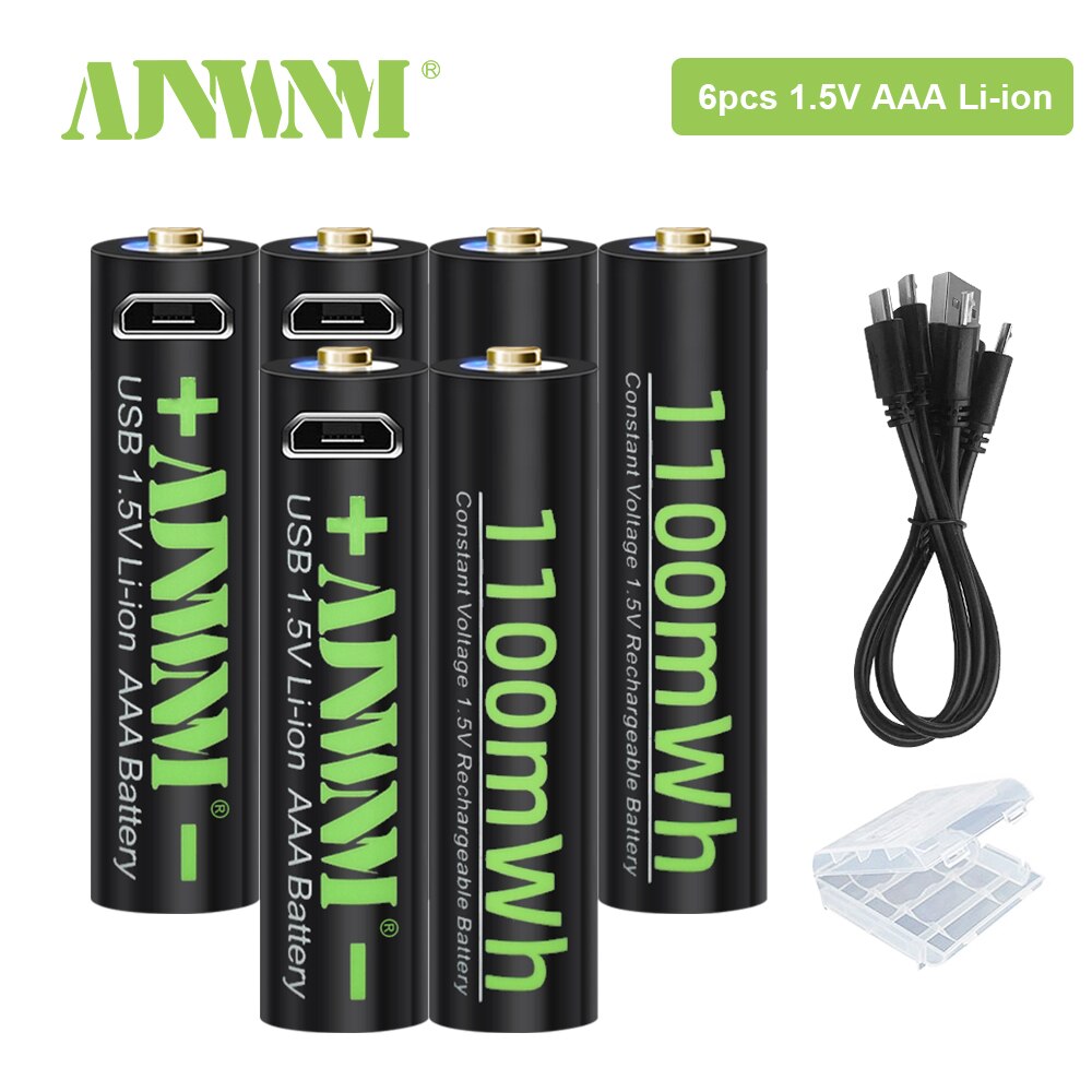 AJNWNM 1100mWh 1.5V AAA Lithium Rechargeable USB Battery AAA 1.5V Li-ion Battery For Remote control Wireless mouse aaa battery: 6pcs aaa