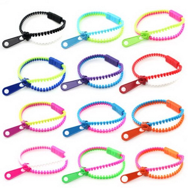 Gratis ePacket 50 stks Mooie Bicolor Hip Zip Zipper Armbanden Mix Kleuren Unsex Acryl Rits Polsband