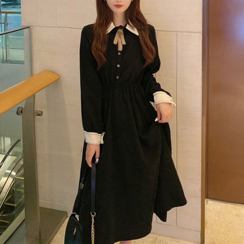 Houzhou Elegante Jurk Vrouwen Zoete Preppy Stijl Lange Mouw Jurk Fairy Vintage Casual Losse Outfits Party Koreaanse Lente Herfst