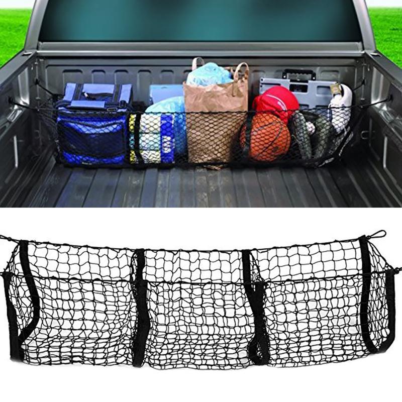 Bagagerumsfragt arrangør opbevaringsnet - kraftigt lastnet til bil, pickup truck seng - sort mesh med gratis fire metal karabinhager