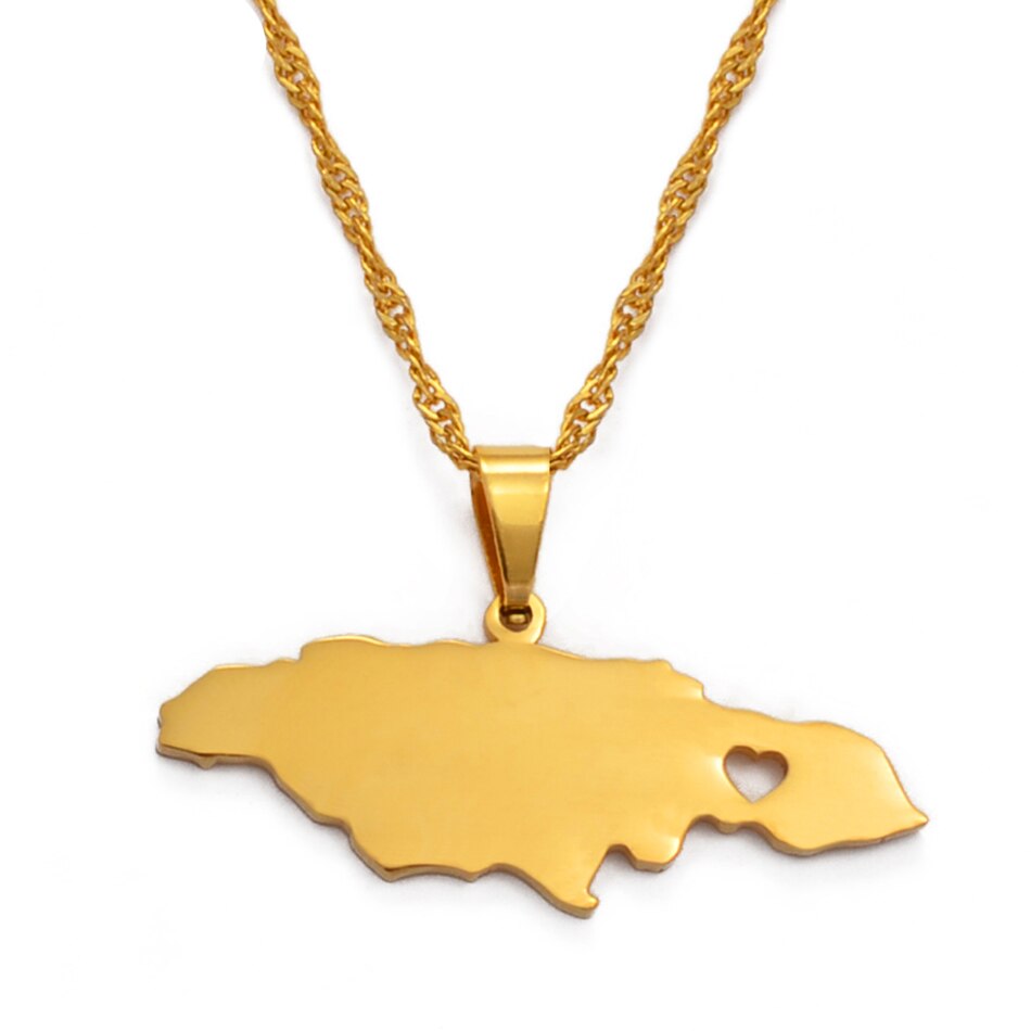 Anniyo Hart Jamaica Kaart Hanger Kettingen Voor Vrouwen/Meisje Goud Kleur Sieraden Jamaicaanse Patriottische #024621: Gold Color / 45cm Thin Chain