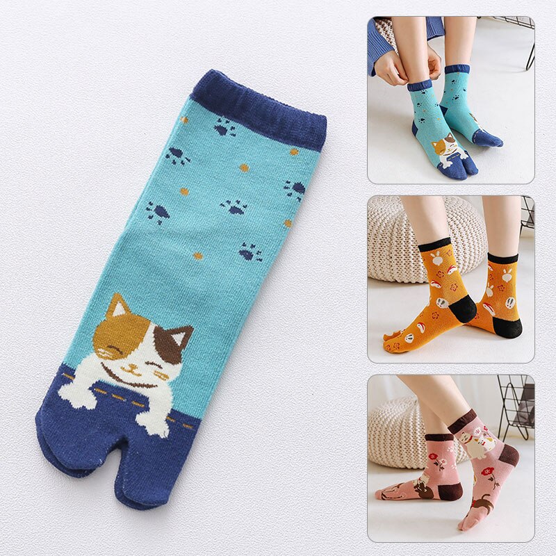 Calcetines de sandalia para mujer, medias Tabi de Punta dividida, chanclas, Kimono de algodón de dibujos animados de animales, de tubo medio de dos dedos