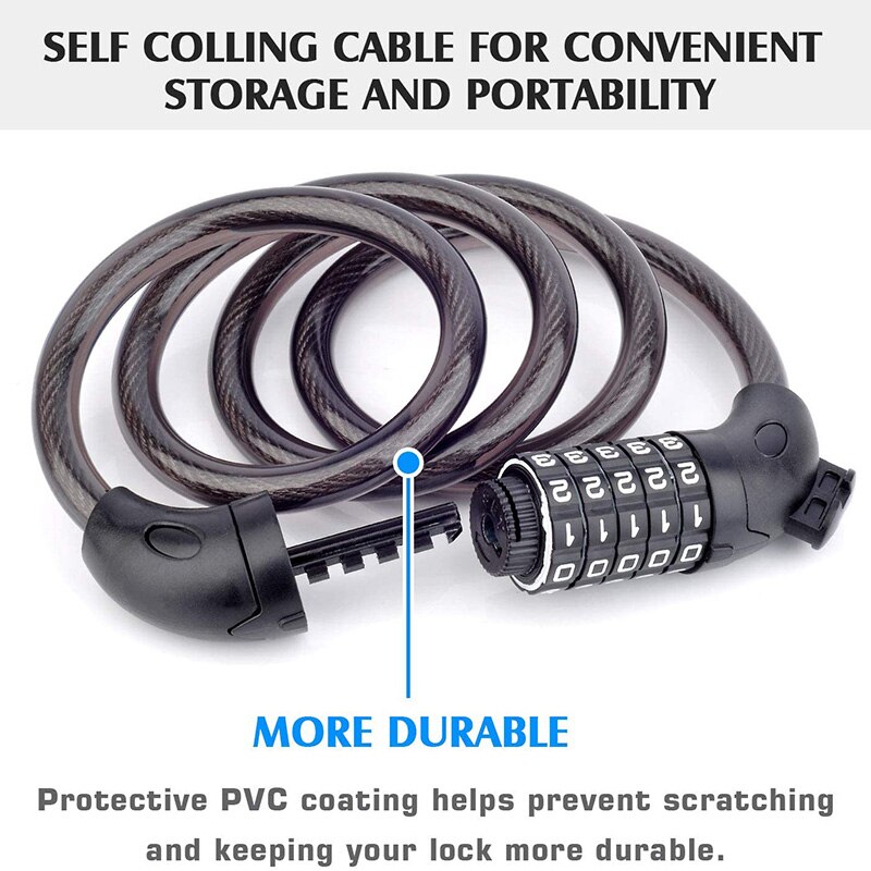Bike Lock with Mounting Bracket 1.2M Bike Cable Self Coiling 5-Digit Resettable Combination Bicycle Lock Cable for Bicycle Motor