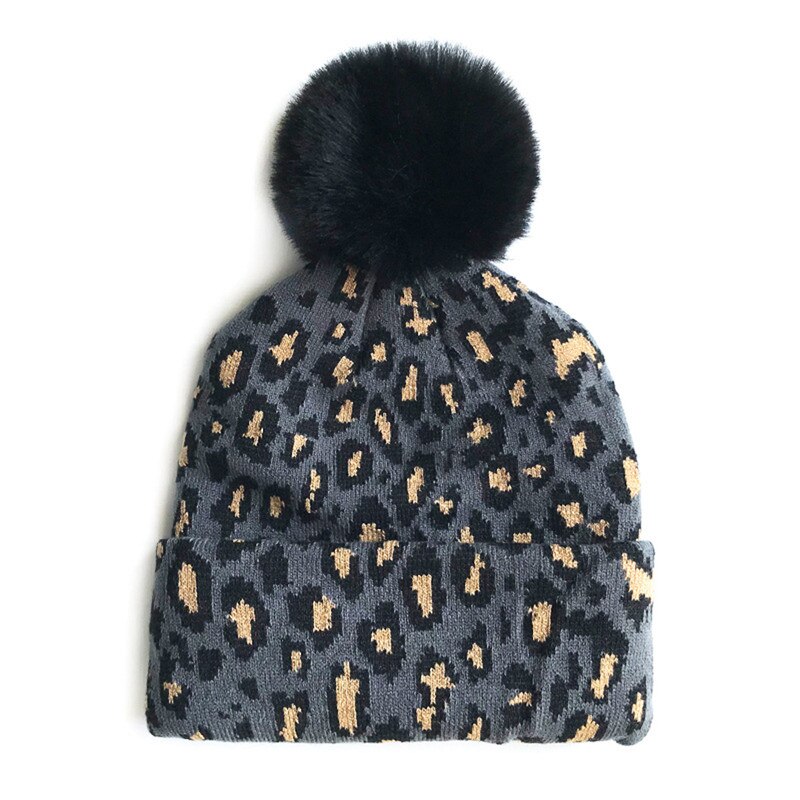 Chapeaux imprimés léopard pour femmes, casquette d'hiver en fourrure tricotée, accessoires de photographie chauds pour filles, chapeau tricoté mignon avec pompon, casquette de Ski chaude: C