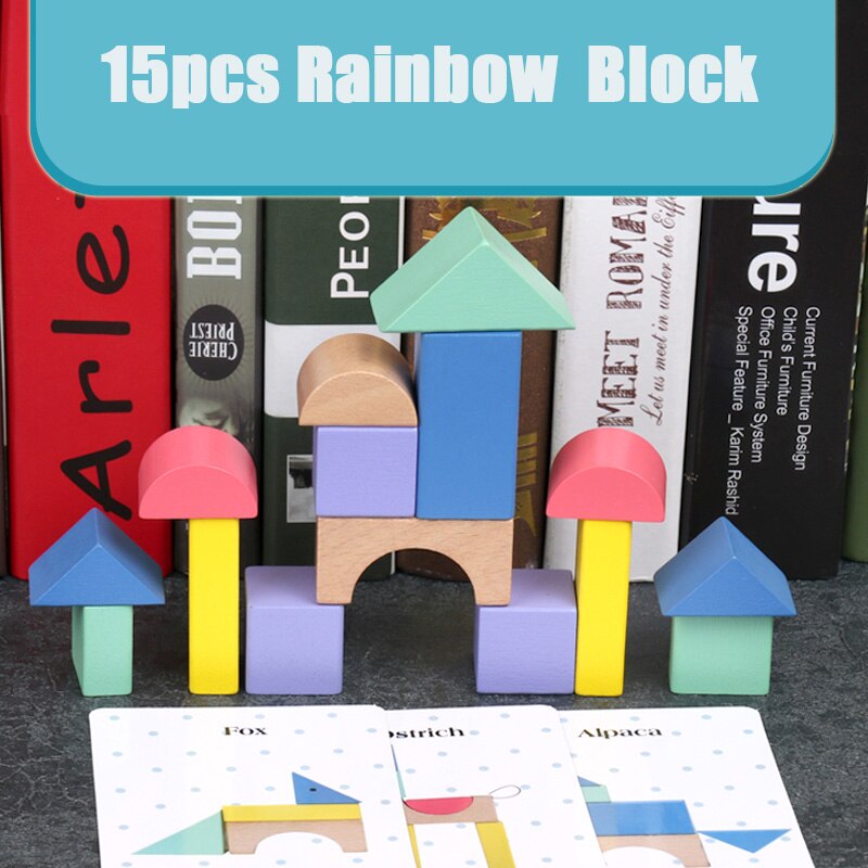 Baby Toy Wooden Block 15pcs Wooden chopping Block with Card Colorful intelligence Educational Toy for Children for above 1
