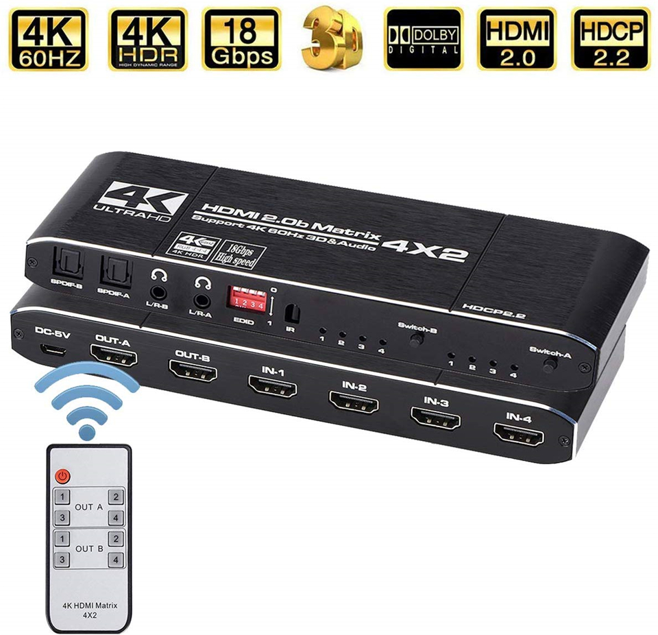 HDMI Matrix 4x2 4K @ 60Hz HDR Switch Splitter 4 in 2 out YUV 4：4：4 Optical SPDIF + 3.5mm jack Audio Extractor HDMI Switcher: 4K 60Hz HDMI Matrix / AU Power Plug
